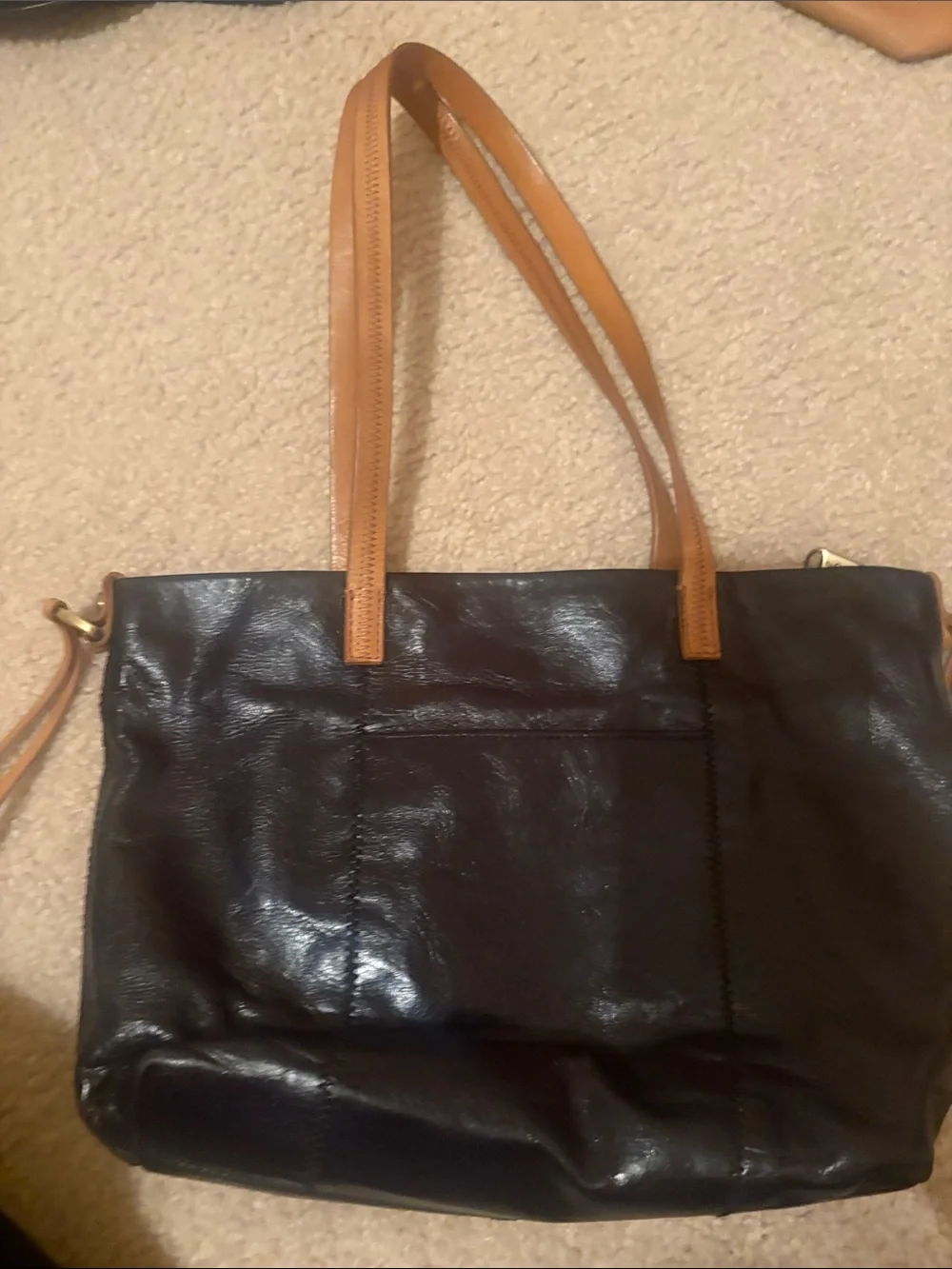 Hobo Black Leather Tote Bag with Tan Shoulder Straps